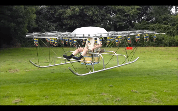 The Swarm man carrying multi-rotor airborne flight testing montage. 54 counter-rotation propellers, six grouped control channels with Hobbyking stabilization. Take of weight 148kg, max lift, max approx. lift 164kg. Endurance10 minutes.