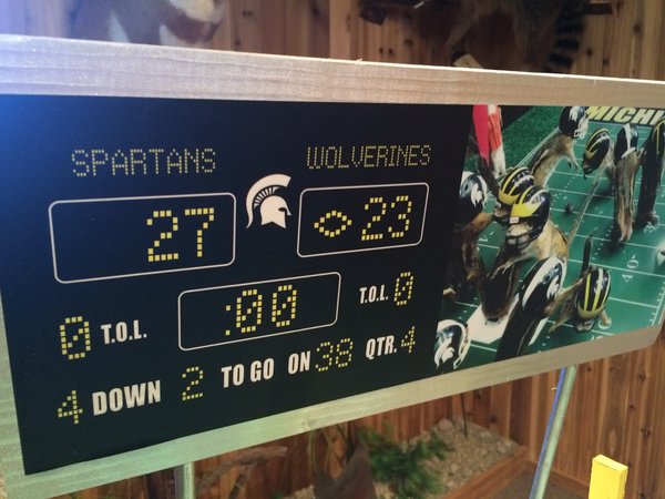 This photo taken Monday, Oct. 26, 2015, shows the scoreboard with an image of stuffed chipmunks portraying players on the final play of the Michigan State-Michigan NCAA college football game at the home of taxidermist Nick Saade in Lansing, Mich.  Michigan State's Jalen Watts-Jackson returned a fumble for the game-winning touchdown on Oct. 17. Saade tells the Lansing State Journal that the chipmunks were trapped by friends as nuisance animals. (Judy Putnam/Lansing State Journal via AP)  NO SALES; MANDATORY CREDIT