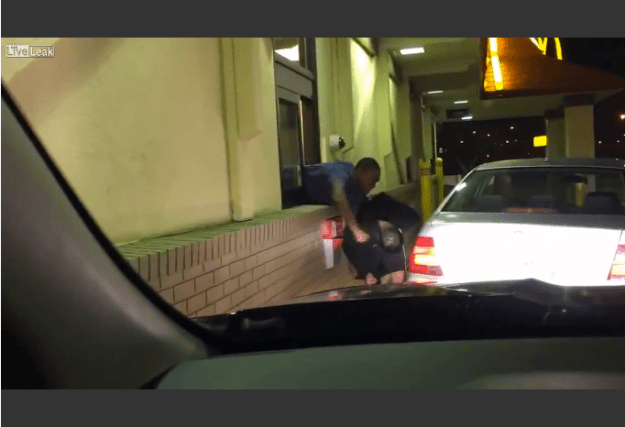 LiveLeak- "I was on my way home from Monday night curling league, I hadn't eaten much since lunch time, and I was driving by a McDonald's, so I thought I'd just swing in and pick up a BigMac while I listened to the end of MNF game on the radio. At first I was annoyed the guy in front of me was taking so long, he seemed pretty upset to begin with, but it looked like when the McDonald's guy handed him his cash and change back he dropped some of the dude's change. That's when he got out of his car, spit on the drive through window and tried to punch the McDonald's and that's when I started recording." This took place yesterday in Northeast Minneapolis. [Credit: Gabe Hart / licensing@viralhog.com] Read more at http://www.liveleak.com/view?i=6e9_1446578469#9dbILWaIbI10XF3p.99