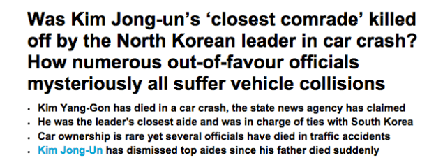 North Korean leader Kim Jong-Un's 'closest comrade' has become the latest top official to die in a crash in a country where there are 'almost no cars on the road'. Kim Yang-Gon, 73, who was in charge of ties with South Korea and a secretary of the ruling Workers' Party, died in a crash, state news agency Korean Central News Agency (KCNA) reported. Impoverished North Korea's road network is badly maintained and car ownership is rare, yet several high-level officials have died in traffic accidents over the years. In June 2010, KCNA reported that Ri Je Gang, 80, first vice department director of the Workers' Party's Central Committee, died in a traffic accident. Ri reportedly bickered with Jang Song Thaek, a powerful uncle of Kim Jong-Un, who was eventually executed by his nephew for alleged treason in 2013. In December 2009, the news agency said Ri Chol Bong, 78, chief secretary of the Workers' Party's Kangwon provincial committee, died in a traffic accident. Jang, the executed uncle of Kim, survived a car accident in September 2009, according to South Korean media reports. Foreign analysts believe Jang was also purged and sent to a labour camp for two years in the mid-2000s in what was seen as a move by Kim Jong-il, the late father of Kim Jong Un, to clip his wings. In October 2003, KCNA reported that Kim Yong Sun, a senior North Korean official involved in reconciliation efforts with South Korea, died of injuries sustained in a traffic accident four months earlier. Kim Yong Sun was a close aide to then-leader Kim Jong-il. But Kim Jong-il's military, which traditionally favours a hard-line stance on South Korea, had reportedly tried to hold him in check. 