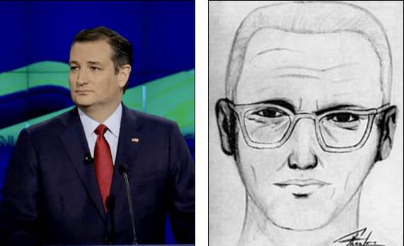 He may be in the midst of a bruising presidential election campaign. But Ted Cruz has now found himself the butt of the jokes on social media, with commentators remarking on his uncanny resemblance to the Zodiac Killer. Following the debate in Houston last night, people on Twitter joked about how Cruz was in fact the serial killer and a confession was now his only way to defeat Donald Trump. Read more: http://www.dailymail.co.uk/news/article-3465422/Ted-Cruz-Zodiac-Killer-Senator-finds-butt-jokes-uncanny-resemblance-California-serial-killer.html#ixzz41HbXp8YM Follow us: @MailOnline on Twitter | DailyMail on Facebook Public Policy Polling cheekily included the question at the end of their Florida polls and found that 10 per cent of people thought Cruz was the Zodiac Killer, with 28 per cent saying they were 'unsure'. Jim Williams, who put the question on the poll, said: 'People are pretty serious about politics so we like to throw some curve balls to keep things light.' The 'Is Ted Cruz actually the Zodiac Killer' meme began when an activist used it on T-shirts to support abortion clinics threatened with closure in Texas, where the senator has slashed public funding and supported measures to limit women's access to birth control through their employers or churches. Cruz, along with rival candidate Marco Rubio, enjoyed a successful night in Houston. Together, they teamed up on the front-runner and unleashed a barrage of attacks on the billionaire. Cruz challenged Trump's claim that he is the only candidate who will tackle illegal immigration head on. Read more: http://www.dailymail.co.uk/news/article-3465422/Ted-Cruz-Zodiac-Killer-Senator-finds-butt-jokes-uncanny-resemblance-California-serial-killer.html#ixzz41HbhKZdE Follow us: @MailOnline on Twitter | DailyMail on Facebook