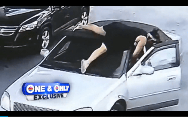 Sun Sentinal-Determined not to lose her purse, Janelle Della-Libera made a desperate jump onto the hood of a Cadillac at a Dania Beach gas station as the thief tried to get away and eventually got her left foot run over, WPLG-Ch. 10 is reporting. "My instincts kicked in and I wanted my stuff back and I didn't want to be taken advantage of," Della-Libera, nursing a severely sprained ankle, told the station about Saturday's encounter at a Mobil gas station at 3991 Stirling Road. Surveillance video shows a man getting out of the Cadillac and grabbing the purse from her SUV as Della-Libera is pumping gas.  After she realized what happened, Della-Libera jumps onto the car's windshield as the thief continues driving until she eventually falls to the ground where he foot was run over.